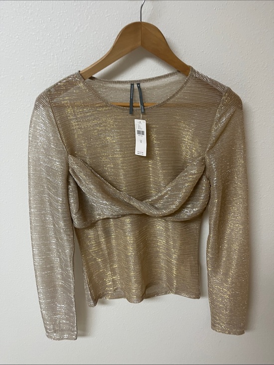 Anthropologie Tops - Anthropologie Shimmery Gold Long-Sleeve Twist Front Top women’s size M, NWT
